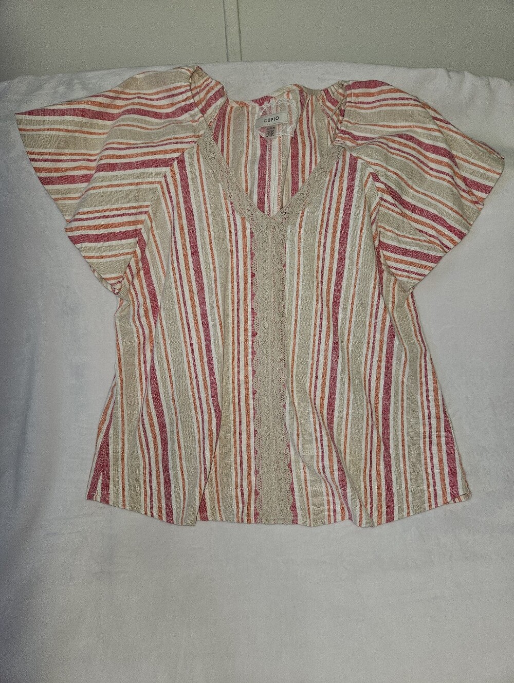 Cupio Striped V-Neck Flutter Sleeve Top in Cream, Pink and Tan